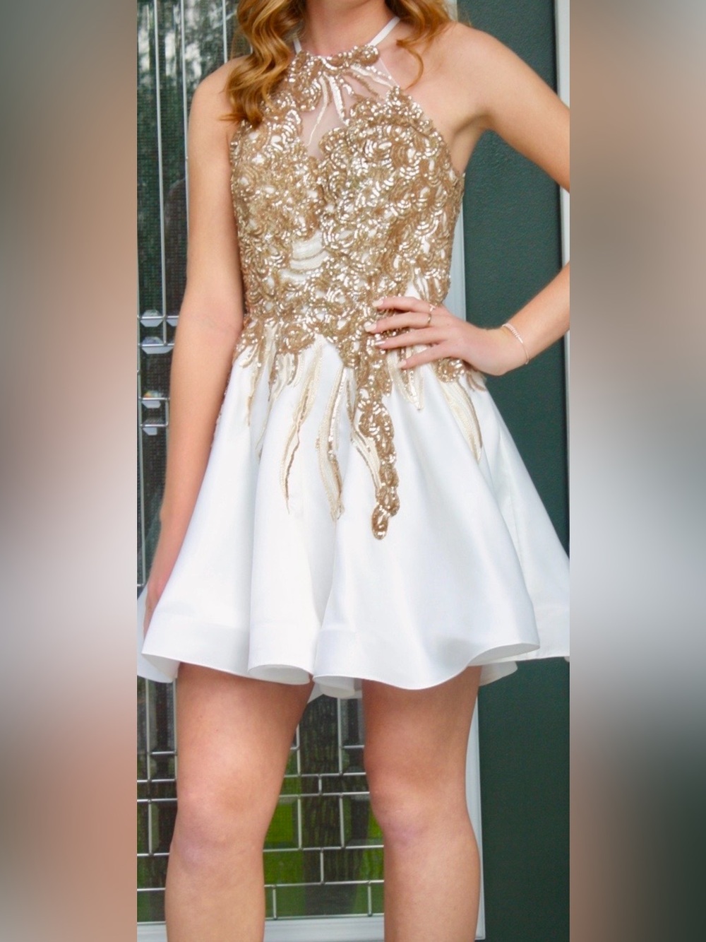 Blush White and Gold Halter Fit-and-Flare Party Dress